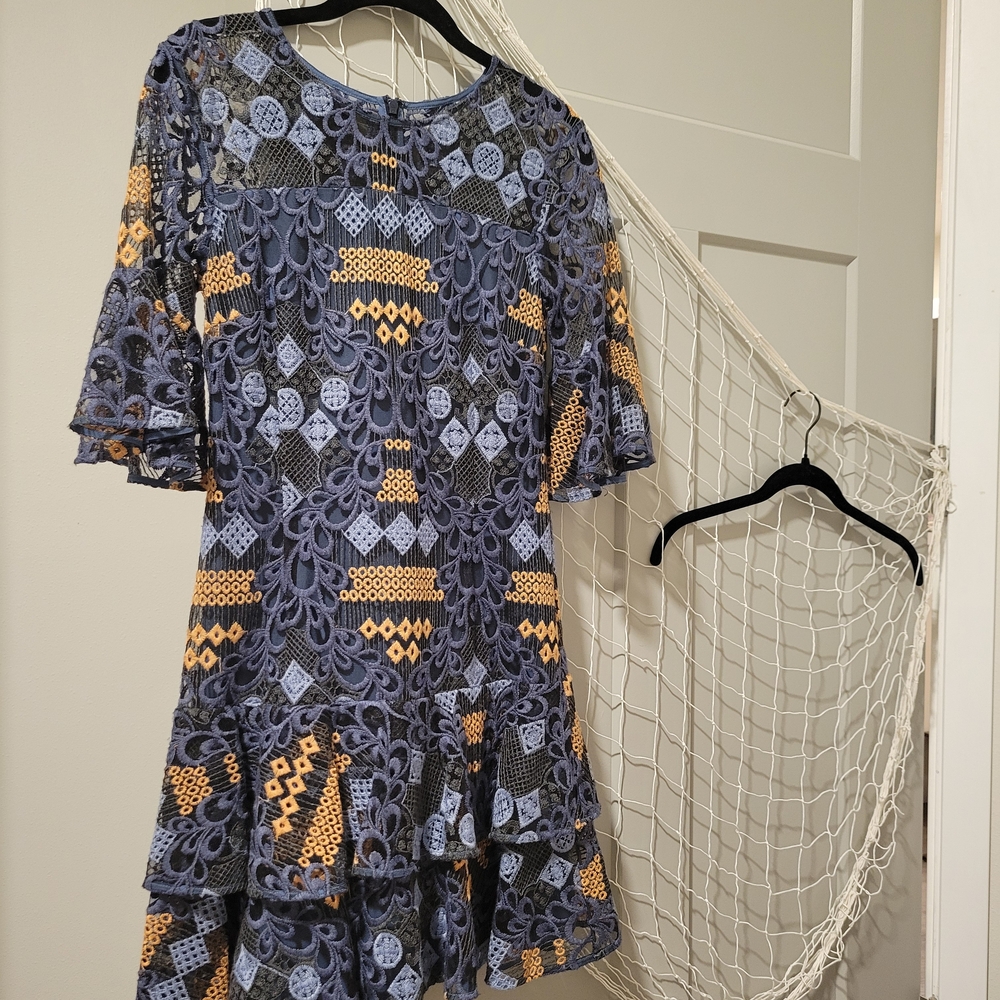 Elegant Blue and Gold Lace Dress